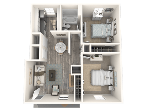 Floor plan for 2 beds, 1 bath, 727 sqft